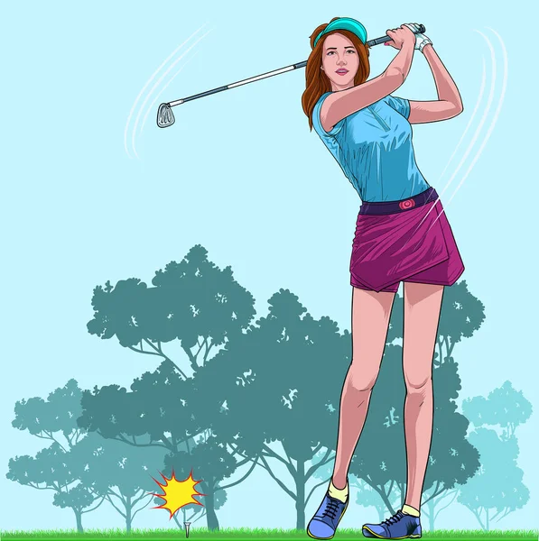 Mooie Vrouwen Golfen Vakantie Happy Gebaar Illustratie Vector Pop Art — Stockvector