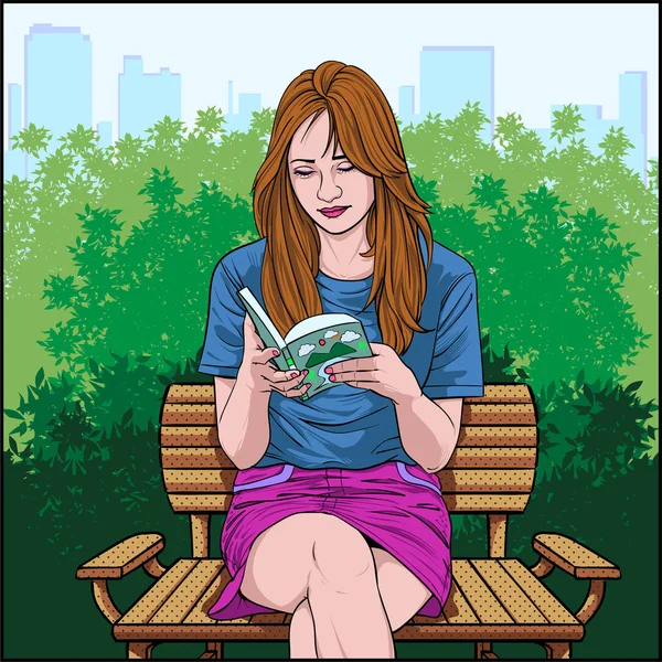 Beautiful Woman Sitting Reading Book Garden Illustration Vector Pop Art — Stock Vector
