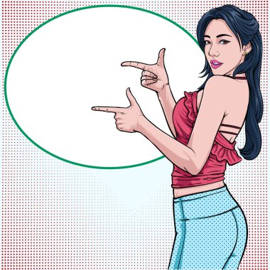 Modern kız kadınlar pop sanat çizgi romanları tarzında soyut noktalı arkaplan üzerine önemli hedeflere işaret ediyor