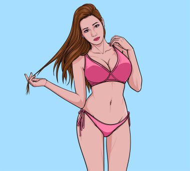 Güzel bir kız yüzme takımı plaj bikini yaz illüstrasyon vektörü pop sanat çizgi romanları stili soyut renkli arka plan