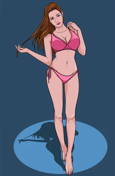 漂亮女孩泳衣海滩时尚比基尼夏季插图矢量流行艺术漫画风格抽象色彩背景 — 图库矢量图片