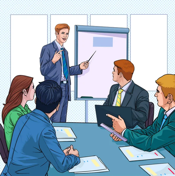 People sitting and listening to the meeting Business people meeting at the company Illustration vector On pop art comics style Board background