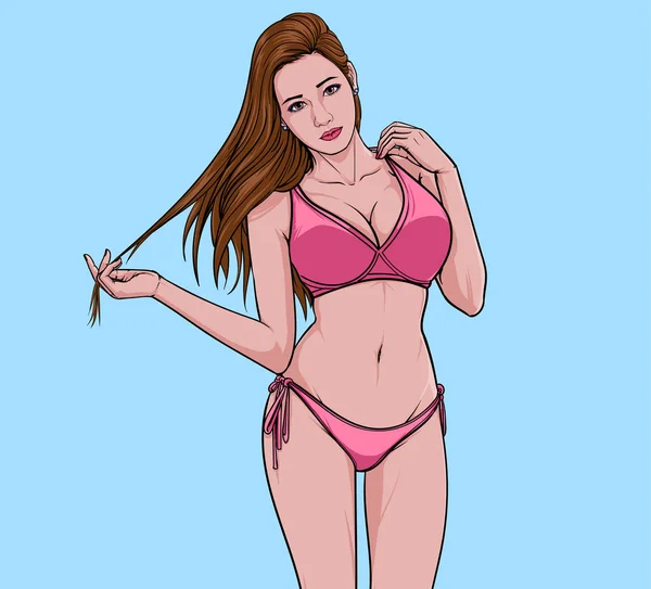 Ένα Όμορφο Κορίτσι Κολύμβηση Κοστούμι Παραλία Μόδα Μπικίνι Καλοκαίρι Εικονογράφηση — Διανυσματικό Αρχείο