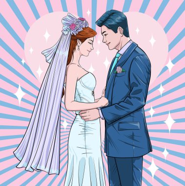 Erkekler ve kadınlar evlenir gelin ve damat gelinlik giyer Erkekler ve kadınlar ayakta durup el ele tutuşurlar pop sanat çizgi romanlarının soyut arka planında