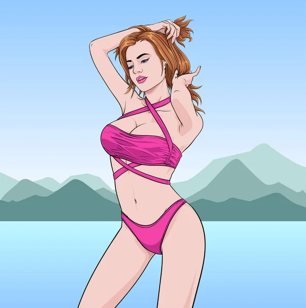 Hermosa Chica Traje Baño Moda Playa Una Mujer Con Bikini — Vector de stock