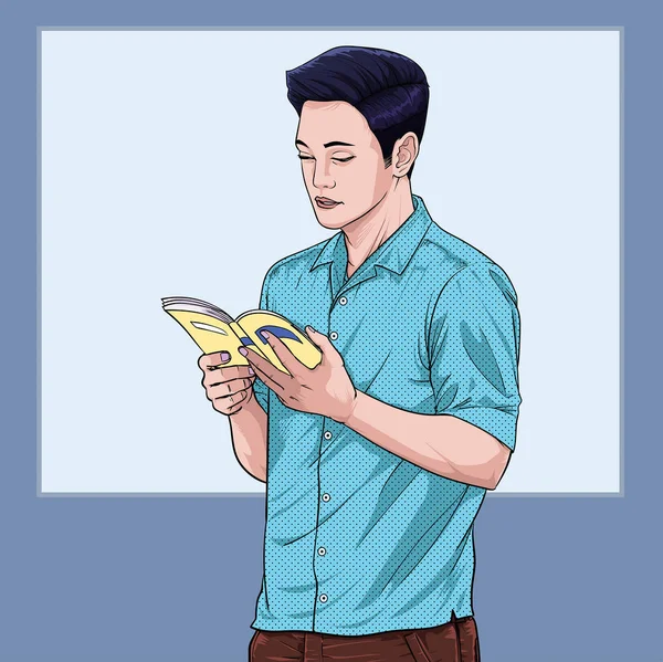 Man Stand Reading Book Morning Illustration Vector Pop Art Comic — Stockový vektor