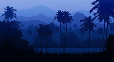 Akşam manzarası Doğal Orman Dağları ufku ve Akşam lagünü manzara duvar kâğıdı illüstrasyon vektör stili rengarenk arka plan