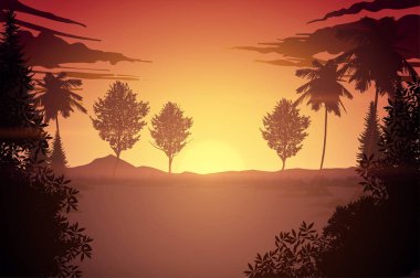 Doğal orman dağları ufuk çizgisi manzara duvar kağıdı Skyline Gündoğumu ve gün batımı illüstrasyon vektör stili renkli kırmızı ton arkaplan