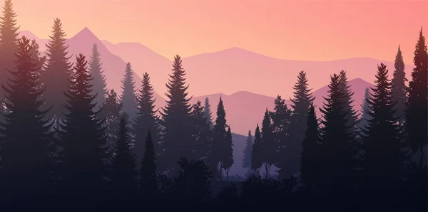 Φυσικό Πευκοδάσος Βουνά Ορίζοντα Τοπίο Ταπετσαρία Ανατολή Και Ηλιοβασίλεμα Εικονογράφηση — Διανυσματικό Αρχείο