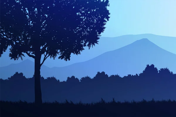 Natuurlijk Bos Jungle Blauwe Horizon Bomen Landschap Behang Zonsopkomst Zonsondergang — Stockvector