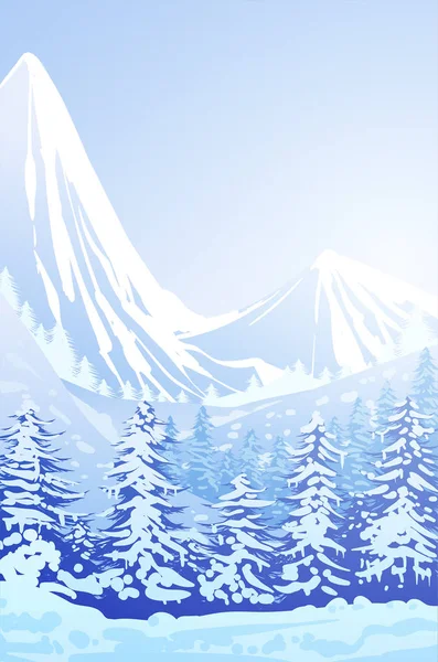 Зимний снег Природный сосновый лес Горы горизонт Пейзаж обои Иллюстрация векторный стиль — стоковый вектор