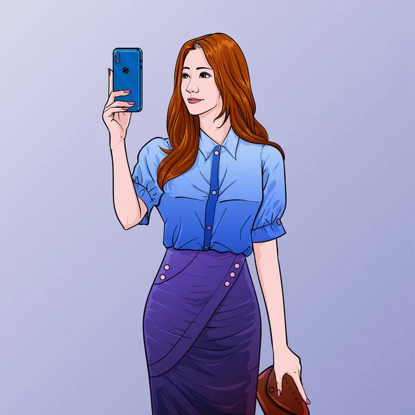 ビジネス女の子セルフィーと携帯電話自分のためにポーズイラストベクトルポップアート漫画スタイルで抽象ドット背景 — ストックベクタ