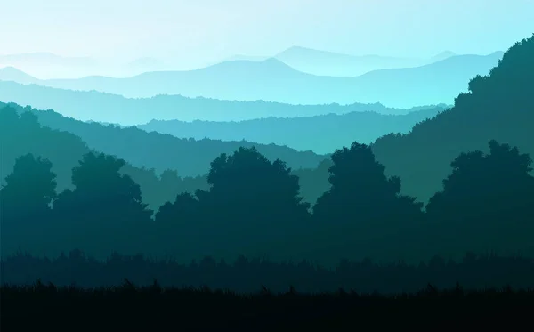 Natürliche Wald Dschungel Horizont Bäume Landschaft Tapete Sonnenaufgang und Sonnenuntergang Illustration Vektor-Stil bunt Ansicht Hintergrund — Stockvektor