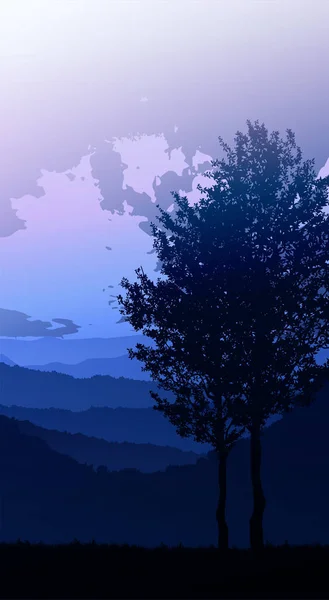 Natuurlijk bos Jungle horizon bomen Landschap behang Zonsopkomst en zonsondergang Illustratie vector stijl Kleurrijk uitzicht achtergrond — Stockvector