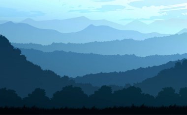 Doğal orman ağaçları dağları ufuk tepeleri gündoğumu ve gün batımı manzara duvar kağıdı tasviri vektör tarzı renkli arka plan