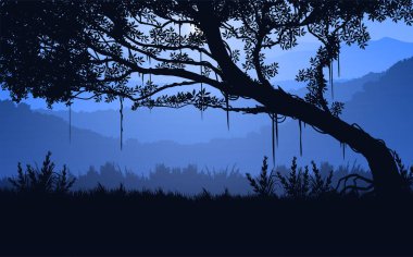 Doğal orman ağaçları dağları ufuk tepeleri gündoğumu ve gün batımı manzara duvar kağıdı tasviri vektör tarzı renkli arka plan