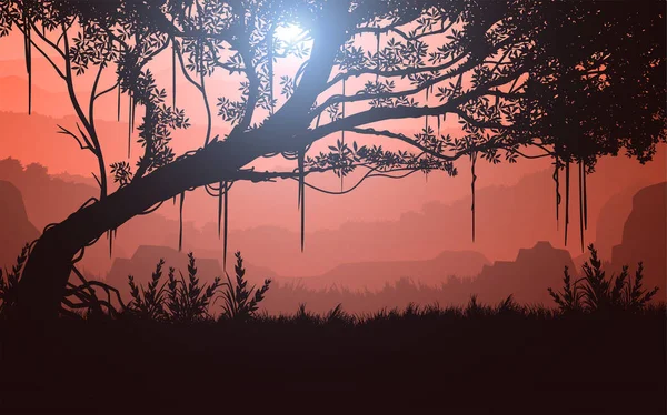 自然の森の木々の山の地平線の丘日の出と日没の風景壁紙イラストベクトルスタイルカラフルなビューの背景 — ストックベクタ