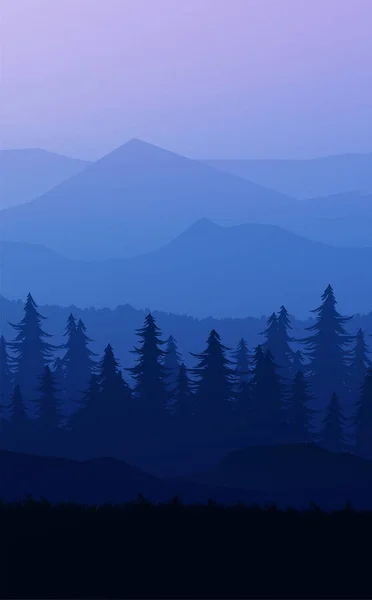 Природный лес Природный сосновый лес горы горизонт Пейзаж Обои Ландшафт Восход и закат Иллюстрация векторный стиль красочный вид фон — стоковый вектор
