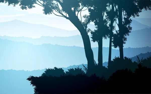 Natürlichen Wald Bäume Berge Horizont Hügel und die Route Sonnenaufgang und Sonnenuntergang Landschaft Tapete Illustration Vektor-Stil bunt Ansicht Hintergrund — Stockvektor