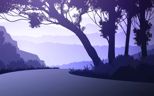 Bosque natural árboles montañas horizonte colinas y la ruta Salida y puesta del sol Paisaje fondo de pantalla Ilustración vector estilo Vista colorida fondo — Archivo Imágenes Vectoriales