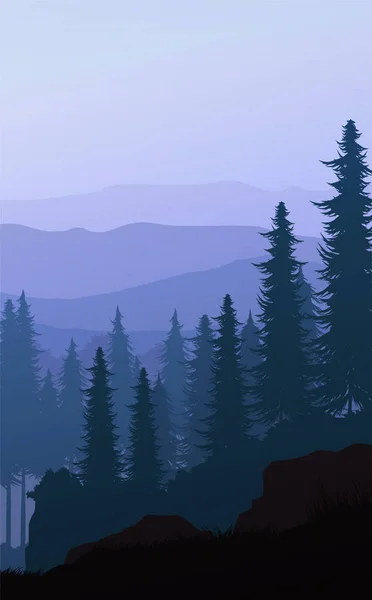 Natur Wald Natur Kiefer Wald Berge Horizont Landschaft Tapete Sonnenaufgang und Sonnenuntergang Illustration Vektor Stil bunt Ansicht Hintergrund — Stockvektor