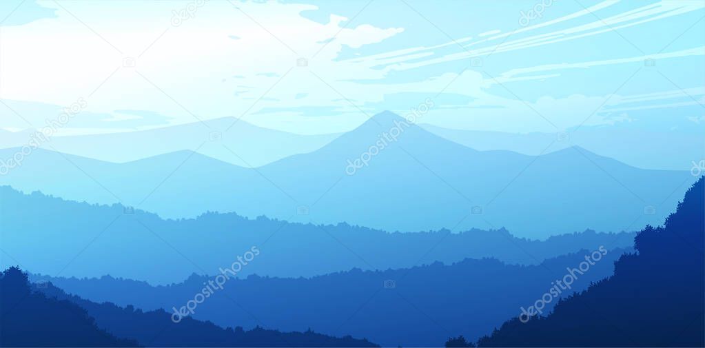 Natural forest trees mountains horizon hills and the route Sunrise and sunset Landscape wallpaper Illustration vector style Colorful view background