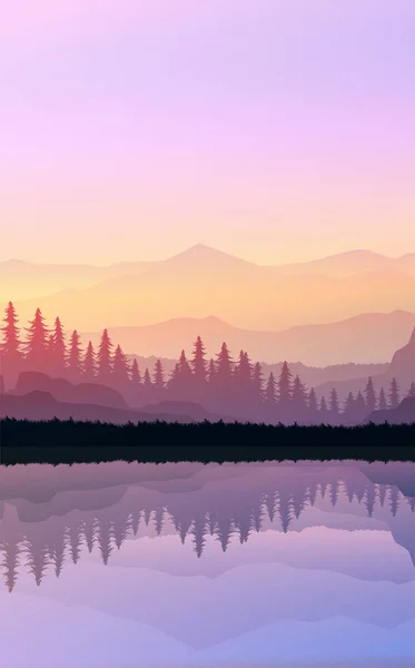 Nature forest Natural Pine forest mountains horizon Landscape wallpaper Sunrise and sunset Illustration vector style colorful view background — ストックベクタ