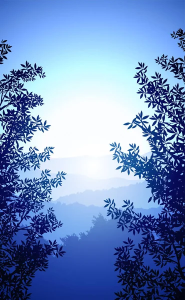 Natuurlijke bos bomen bergen horizon heuvels silhouetten van bomen en heuvels in de avond Zonsopkomst en zonsondergang Landschap wallpaper Illustratie vector stijl Kleurrijk uitzicht achtergrond — Stockvector