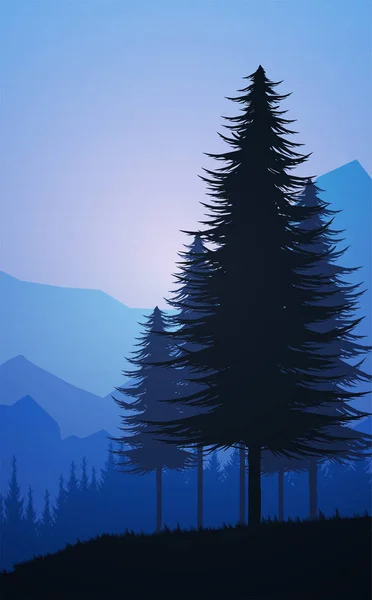 Nature forêt Pin naturel forêt montagnes horizon Paysage fond d'écran Montagnes lac paysage silhouette arbre ciel Lever et coucher du soleil Illustration style vectoriel fond d'écran coloré — Image vectorielle