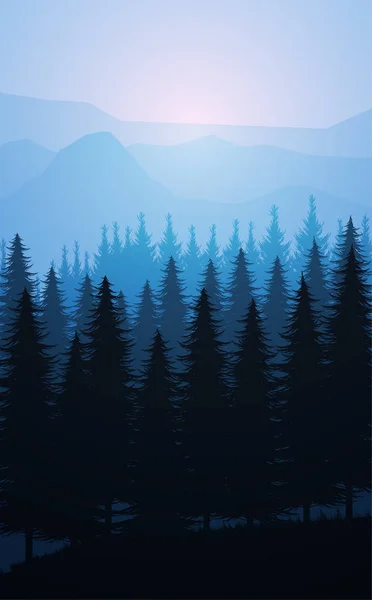Bosque natural Bosque de pino natural montañas horizonte Paisaje papel pintado Montañas lago paisaje silueta árbol cielo amanecer y atardecer Ilustración vector estilo colorido vista fondo — Vector de stock