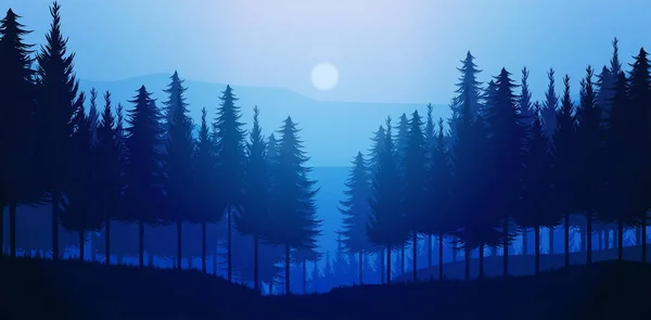 Natur skog Naturlig tallskog berg horisont Landskap tapeter Berg sjö landskap silhuett träd himmel Soluppgång och solnedgång Illustration vektor stil färgglada vy bakgrund — Stock vektor