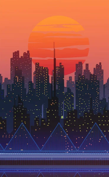 Centro de la ciudad fondo de pantalla en la mañana y noche paisaje fondo de pantalla Ilustración vector estilo luz del sol colorido vista fondo — Vector de stock