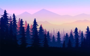 Doğal Çam Ormanı Dağları ufuk çizgisi manzara duvar kağıdı dağlar göl manzarası siluet ağacı gökyüzü güneş doğuşu ve günbatımı illüstrasyon vektör tarzı renkli arkaplan