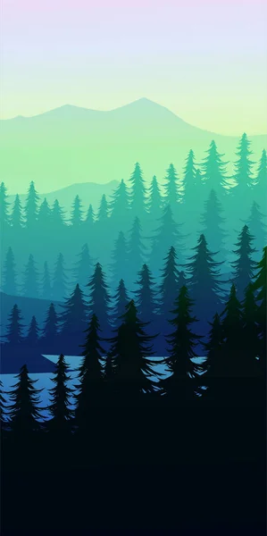 Natural Bosque de pino montañas horizonte Paisaje fondo de pantalla Montañas lago paisaje silueta árbol cielo Amanecer y atardecer Ilustración vector estilo colorido vista fondo — Vector de stock