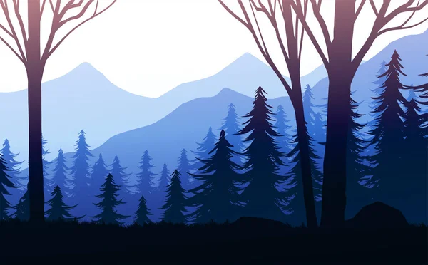 Φυσικό πευκοδάσος βουνά ορίζοντα τοπίο ταπετσαρία βουνά λίμνη τοπίο σιλουέτα δέντρο ουρανό Ανατολή και ηλιοβασίλεμα Εικονογράφηση διάνυσμα στυλ πολύχρωμο φόντο άποψη — Διανυσματικό Αρχείο