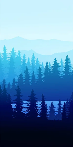 Pin naturel forêt montagnes horizon Paysage fond d'écran Montagnes lac paysage silhouette arbre ciel Lever et coucher du soleil Illustration style vectoriel coloré vue arrière-plan — Image vectorielle