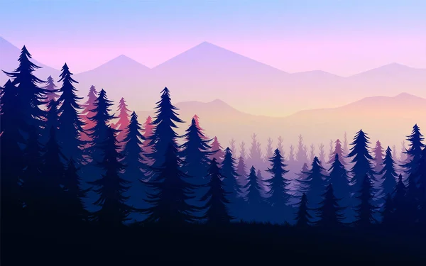 自然の松の森の山々の地平線風景壁紙山の湖の風景シルエットの木の空日の出と日没イラストベクトルスタイルのカラフルなビューの背景 — ストックベクタ