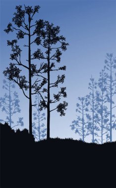 Doğal orman ağaçları dağları ufuk tepeleri tepeler ağaçların ve tepelerin siluetleri akşamları gündoğumu ve batımı manzara duvar kâğıdı illüstrasyon vektör tarzı renkli arka plan