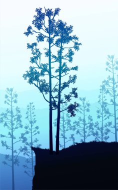 Doğal orman ağaçları dağları ufuk tepeleri tepeler ağaçların ve tepelerin siluetleri akşamları gündoğumu ve batımı manzara duvar kâğıdı illüstrasyon vektör tarzı renkli arka plan