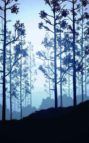 Alberi forestali naturali montagne orizzonte colline silhouette di alberi e colline la sera Alba e tramonto Paesaggio carta da parati Illustrazione stile vettoriale Vista colorata sfondo — Vettoriale Stock