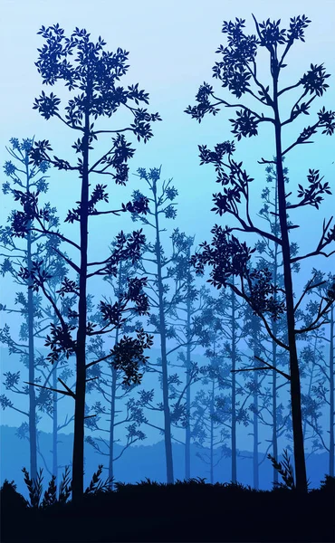 Bosque natural árboles montañas horizonte colinas siluetas de árboles y colinas por la noche Amanecer y atardecer Paisaje papel pintado Ilustración vector estilo Vista colorida fondo — Archivo Imágenes Vectoriales