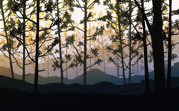 Natürlichen Wald Bäume Berge Horizont Hügel Silhouetten von Bäumen und Hügeln in den Abend Sonnenaufgang und Sonnenuntergang Landschaft Tapete Illustration Vektor-Stil bunt Ansicht Hintergrund — Stockvektor