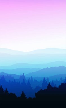 Doğal orman ağaçları dağları ufuk tepeleri tepeler ağaçların ve tepelerin siluetleri akşamları gündoğumu ve batımı manzara duvar kâğıdı illüstrasyon vektör tarzı renkli arka plan