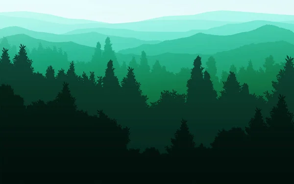 Forêt naturelle arbres montagnes horizon collines silhouettes d'arbres et de collines dans la soirée Lever et coucher du soleil Paysage papier peint Illustration style vectoriel Fond d'écran coloré — Image vectorielle