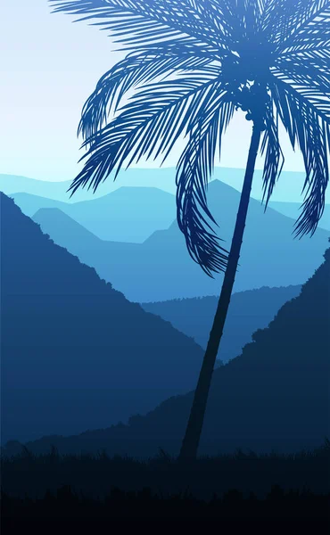 Přírodní kokosové stromy hory horizont kopce siluety stromů a kopců ve večerních hodinách východ a západ slunce Krajina tapety Ilustrace vektorový styl Barevný pohled pozadí — Stockový vektor