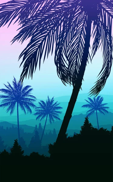 Природные кокосовые деревья горы горизонтальные холмы силуэты деревьев и холмов в вечернее время Восход и закат Обои Пейзаж векторный стиль Иллюстрация Красочный вид фон — стоковый вектор