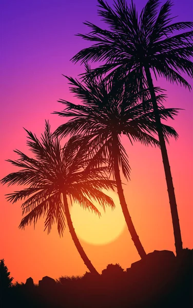 Naturliga Coconut träd berg horisont kullar silhuetter av träd och kullar på kvällen Soluppgång och solnedgång Landskap tapeter Illustration vektor stil Färgglada vy bakgrund — Stock vektor