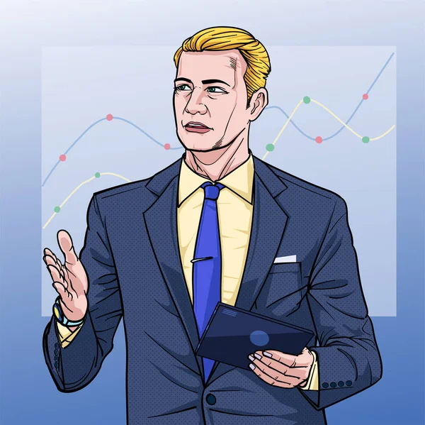 Business Man Mluvit Setkáních Poslouchejte Pozorně Ilustrace Vektor Pop Art — Stockový vektor