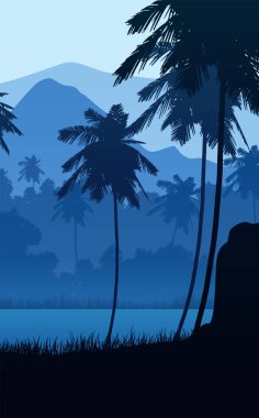 Doğal orman dağları ufuk tepeleri ağaç siluetleri Gündoğumu ve günbatımı manzara duvar kâğıdı illüstrasyon vektör tarzı renkli arka plan