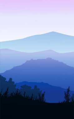 Doğal orman dağları ufuk tepeleri ağaç siluetleri Gündoğumu ve günbatımı manzara duvar kâğıdı illüstrasyon vektör tarzı renkli arka plan